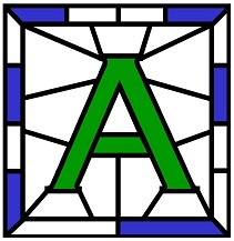 Large green A with blue and white border