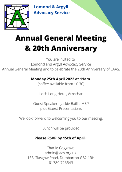 Annual General Meeting invite from Lomond & Argyll Advocacy Service on a white background. Has a LAAS Logo in the top left with a blue and green triangle image on the top right.