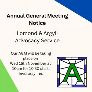 text on beige background with LAAS logo in the corner. Stating Annual General meeting Notice on Wednesday 15th November at 10am for 10.30am start at the Inveraray Inn